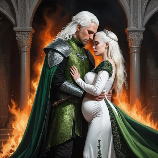 Prompt: realistic fantasy painting two Targaryens, a mildly pregnant princess woman with white hair, man with a semi-long white hair, wearing green and black detailed ornate medievel gowns, forbidden love, dramatic scenery, powerful lighting, fire and blood