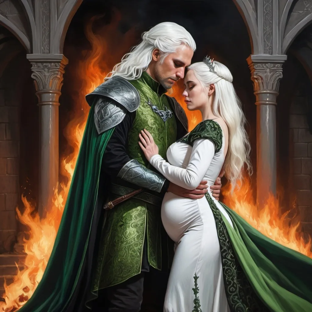 Prompt: realistic fantasy painting two Targaryens, a mildly pregnant princess woman with white hair, man with a semi-long white hair, wearing green and black detailed ornate medievel gowns, forbidden love, dramatic scenery, powerful lighting, fire and blood