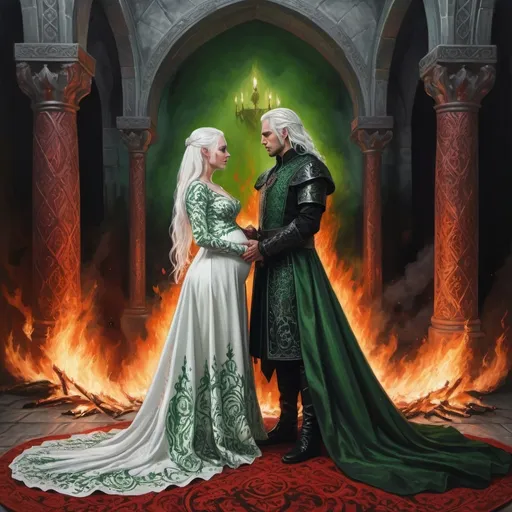 Prompt: realistic fantasy painting of a wedding ritual between two Targaryens, pregnant woman with white hair, man with a semi-long white hair, wearing green and black detailed ornate medievel gowns, fire and blood ritual, forbidden love, dramatic scenery, powerful lighting