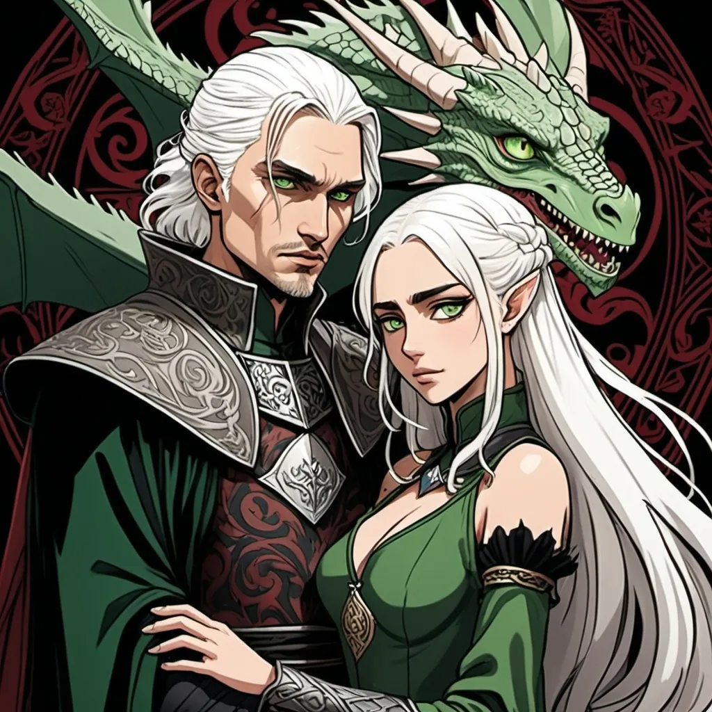 Prompt: tarot card Anime illustration, man and woman, man Aemond Targaryen, one eye, big scar, scary, green clothing, holding young woman, white hair, black and red clothing, ornamented, very beautiful, game of thrones theme, dragons