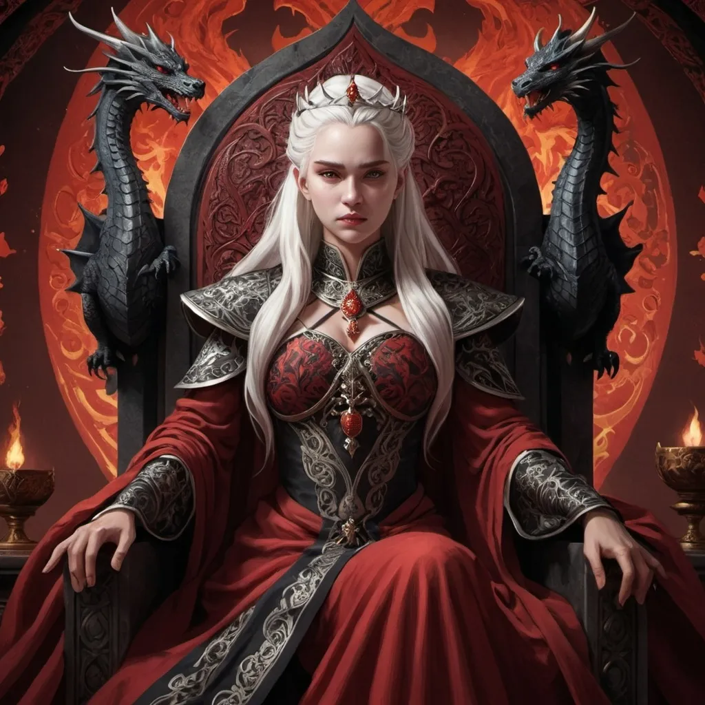 Prompt: tarot card Anime illustration, realistic, crowned queen Visenya Targaryen, warrior, white ong hair, fierce, beautiful, detailed ornate cloth robe red-and-black, dramatic lighting, dragon ornaments, Targaryens, Game of Thrones theme, fire, blood, dramatic