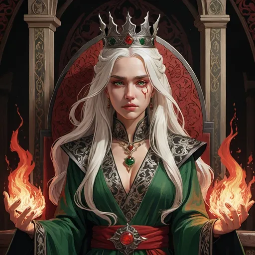 Prompt: tarot card Anime illustration, realistic, crowned queen Visenya Targaryen, warrior, white long hair, fierce, beautiful, detailed ornate cloth robe red-and-black, dramatic lighting, dragon ornaments, and King Aemond Targaryen, tall, handsome, dangerous, scarred face, wearing green cloth, Targaryens, Game of Thrones theme, fire, blood, dramatic