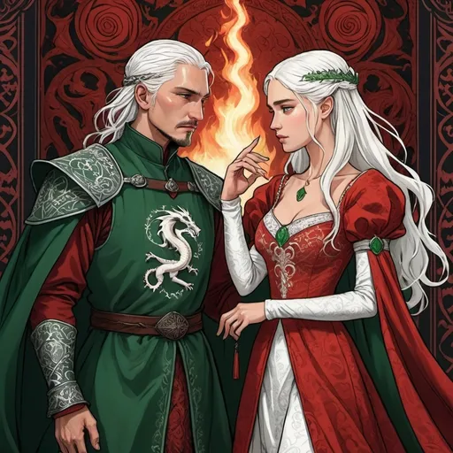 Prompt: tarot card Anime illustration, Aemond Targaryen and Visenya Targaryen, tarot style, wedding, dramatic lighting, man in green, woman in red and white ornate cloth gloth medieval, game of thrones style, love and hate, a lot of detail, fire, dragon, fantasy