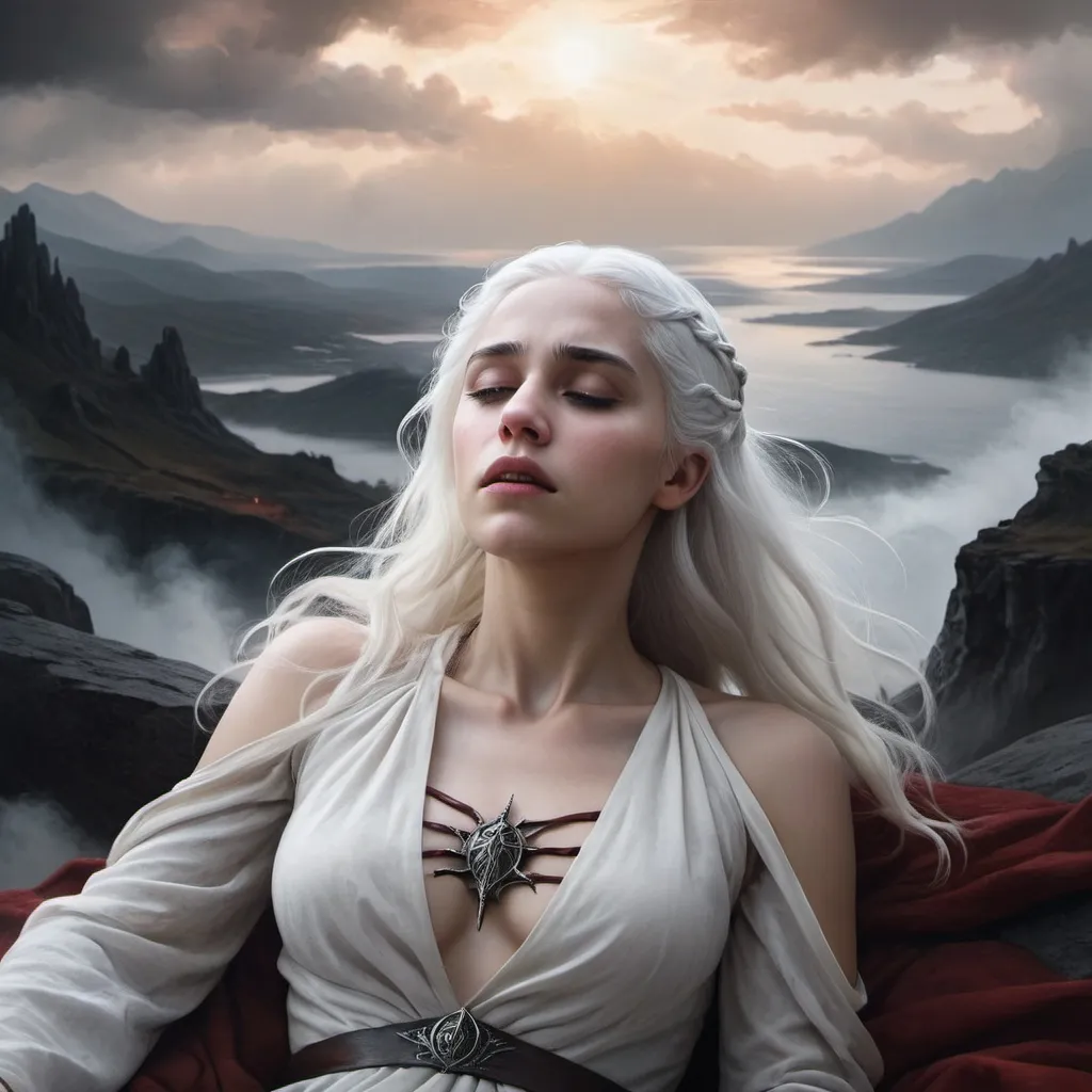 Prompt: fantasy realistic mystic painting of Visenya Targaryen dying, dramatic scenery, white hair