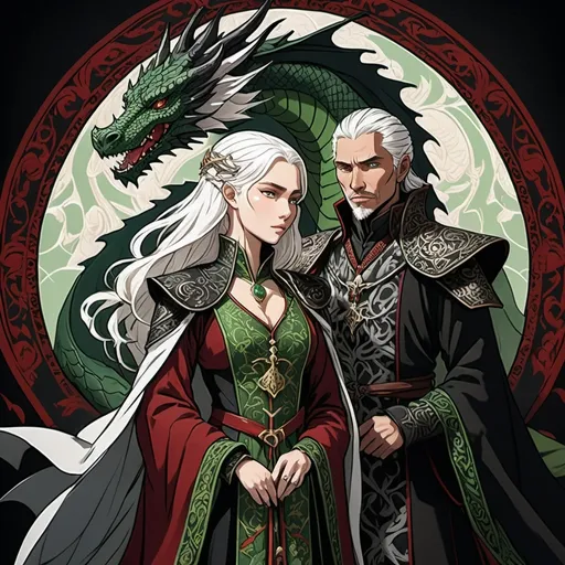 Prompt: tarot card Anime illustration, a white-haired woman, detailed ornate cloth robe red and black, dramatic lighting, dragon embrodery, with an arogant looking man, Aemond Targaryen, black and GREEN medieval clothing, Game of Thrones theme