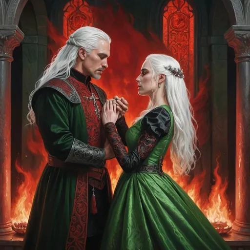 Prompt: realistic fantasy painting of a wedding ritual between two Targaryens, woman with white hair and red dress, man with a semi-long white hair, wearing green and black detailed ornate medievel gowns, fire and blood ritual, forbidden love, dramatic scenery, powerful lighting