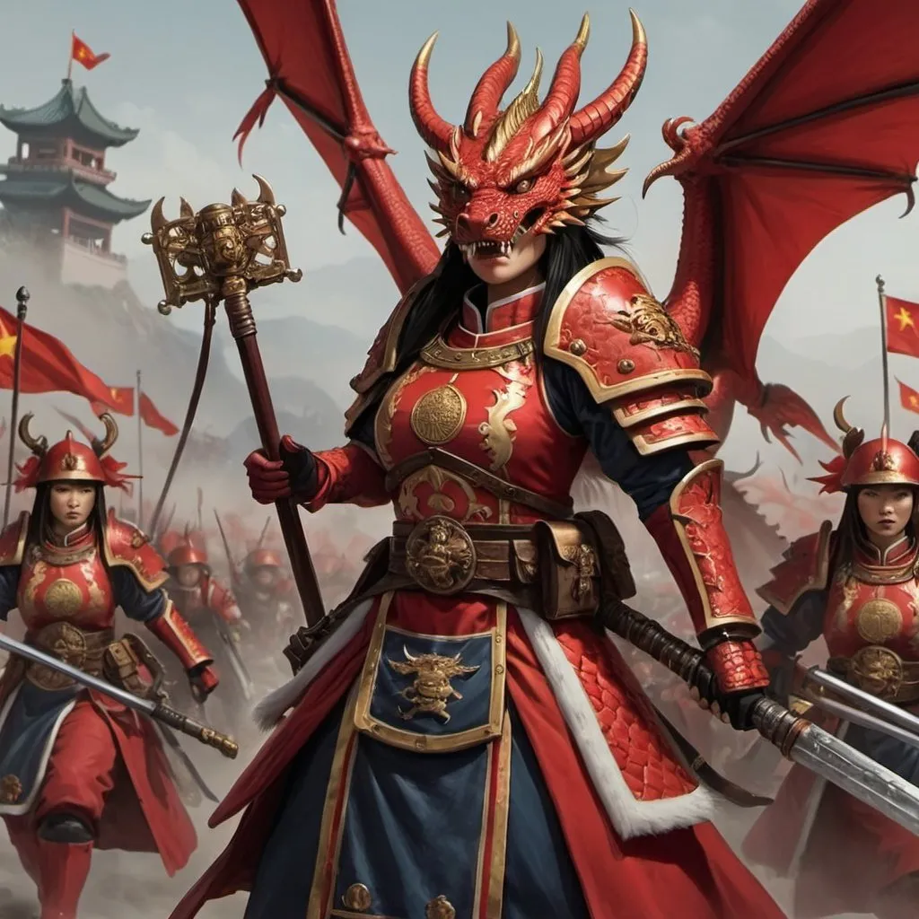 Prompt: warhammer Total War cathay female army  with  chinese red dargon