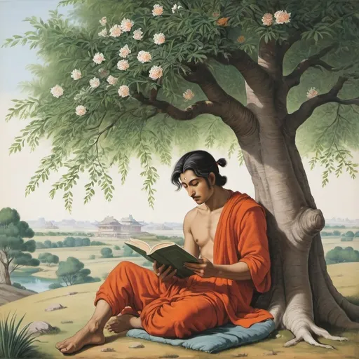 Prompt: create a drawing of male reading a book under tree with poopy plants in full bloom and sun shining in Early Modern period (1526―1857 CE) of Indian painting - make the painting more classical  - the male to little bit more asian Mongolian 
