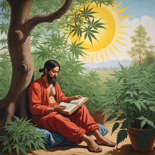 Prompt: create a drawing of male reading a book under a marijuana plants tree with sun shining in Early Modern period (1526―1857 CE) of Indian painting - make the painting more classical  - the male to little bit more asian Mongolian 
