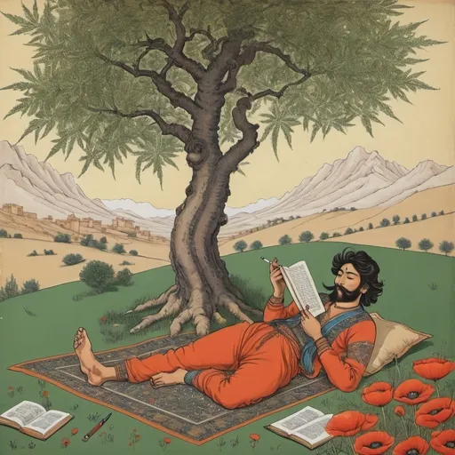 Prompt: create a drawing of male lying down, smoking marijuana pipe reading a book under tree and poppy plants and  marijuana plants in full bloom and sun shining in Early Modern period (1526=1857 CE) of Indian painting influenced Persian miniatures style - the male to little bit more Mongolian, short hair -- in the same picture, have marijuana plan in bloom in background 
