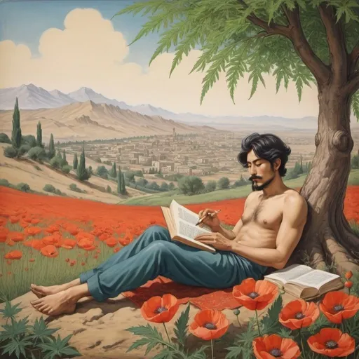 Prompt: create a drawing of male lying down, smoking marijuana pipe reading a book under tree and poppy plants and  marijuana plants in full bloom and sun shining in Early Modern period (1526―1857 CE) of Indian painting influenced Persian miniatures style - make the painting more classical and like a pencil drawing - the male to little bit more asian Mongolian, short hair -- in the same picture, have marijuana plan in bloom in background 
