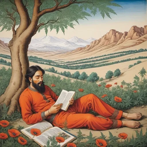 Prompt: create a drawing of male lying down, smoking marijuana pipe reading a book under tree and poppy plants and  marijuana plants in full bloom and sun shining in Early Modern period (1526=1857 CE) of Indian painting influenced Persian miniatures style - the male to little bit more Mongolian, short hair -- in the same picture, have marijuana plan in bloom in background --- make it more cool  --- no bread 
