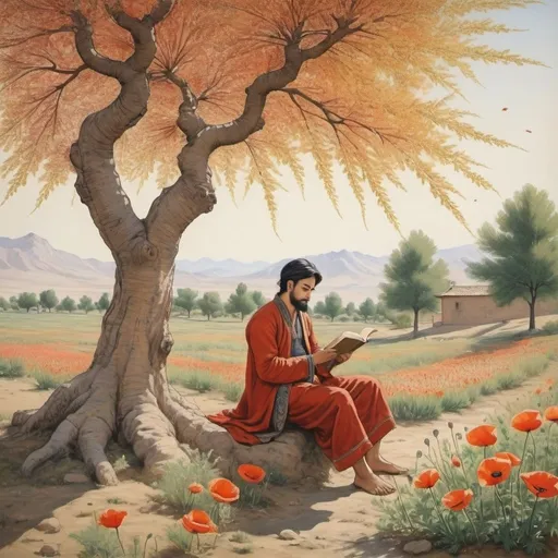 Prompt: create a drawing of male reading a book under tree and poppy plants and  marijuana plants in full bloom and sun shining in Early Modern period (1526―1857 CE) of Indian painting influenced Persian miniatures style - make the painting more classical and like a pencil drawing - the male to little bit more asian Mongolian, short hair 
