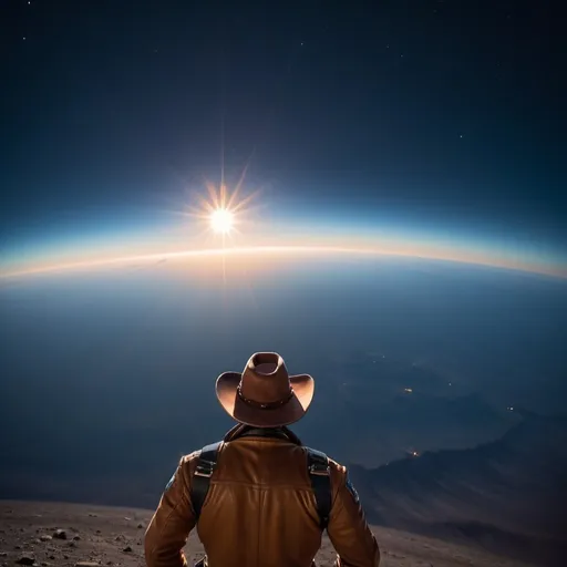 Prompt: A vibrant photograph of a space cowboy, wide shot, in space, looking at the sun peak over the earth, wide-angle lens, soft focus, Blue hour