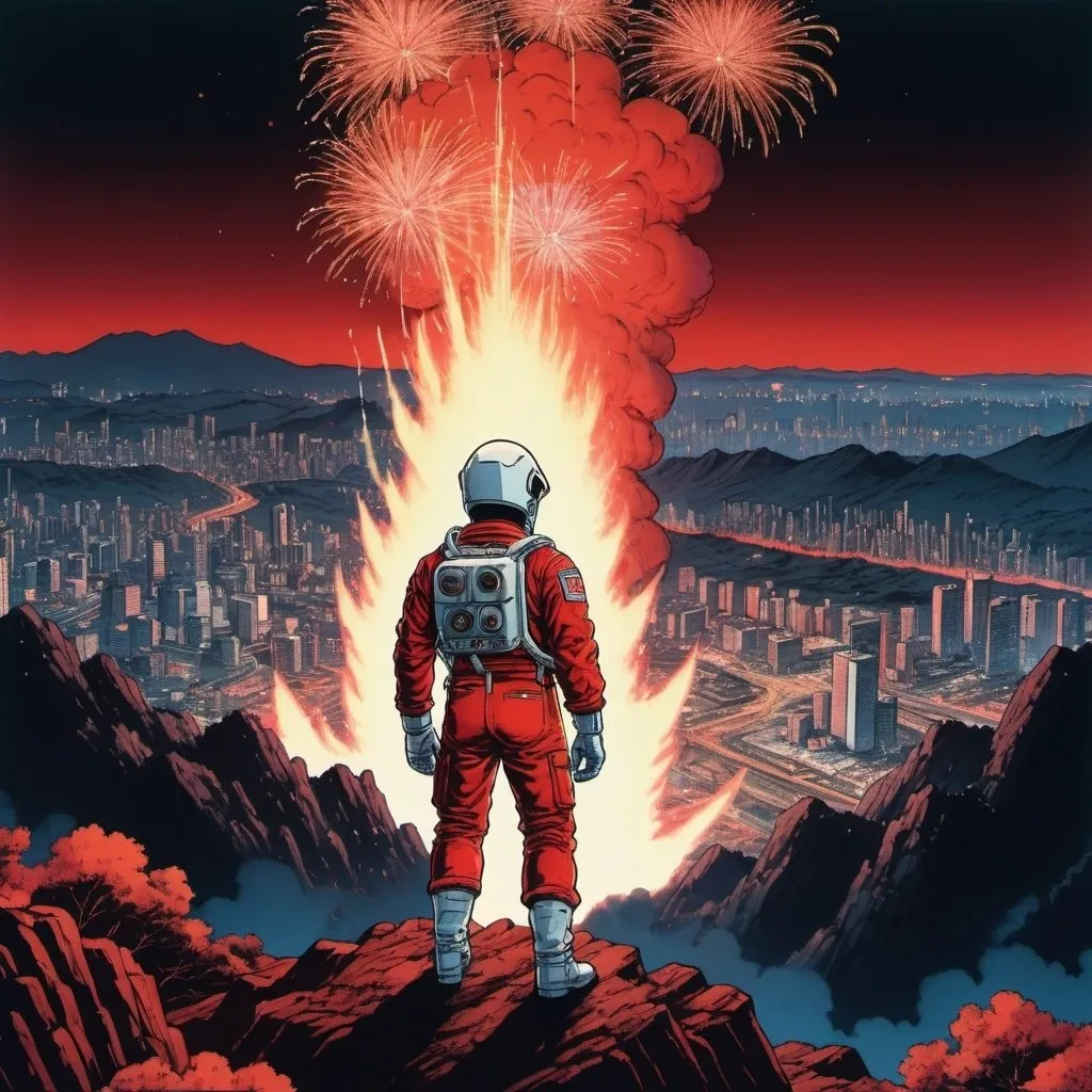 Prompt: a cowboy astronaut looking down at a neo Tokyo on fire from a mountain, wide shot, fire works, in the style of Akira (1988)