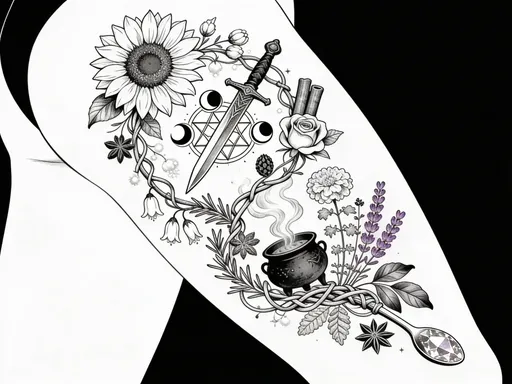 Prompt: Intricate black ink line-work tattoo design flowing down a woman’s right thigh, highly detailed, busy composition with elegant negative space. An off-center large realistic sunflower placed in the upper left portion of the design, rendered with fine botanical line detail. A ceremonial Athame blade integrated diagonally through the composition, surrounded by a triple moon symbol and a delicate pentagram worked subtly into the line work. A small witch’s cauldron near the lower mid-section with rising steam transforming into botanical elements. A crystal-segmented handled spoon woven through the design. A climbing wild rose wrapping naturally around the symbols and objects, intertwined with snowdrops, a budding carnation, rosemary, thyme, sage, star anise pods, bay leaves, lavender sprigs, and cinnamon sticks. Organic flow that follows the curve of the thigh, feminine, mystical, witchcraft-inspired, sacred herbal symbolism. Fine line illustration, high contrast blackwork, no shading or minimal dotwork, tattoo flash quality, skin-ready design, no background, white canvas.



