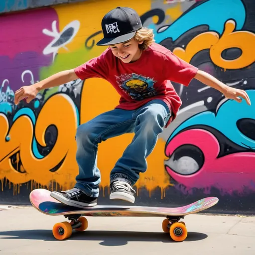 Prompt: Kid skateboarding, vibrant street art background, urban graffiti, dynamic movement, high energy, colorful, playful, urban setting, detailed skateboard, youthful, street culture, best quality, vibrant, urban, dynamic, energetic, colorful, detailed, playful, street art, skateboard, lively