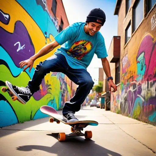 Prompt: man skateboarding, vibrant street art background, urban graffiti, dynamic movement, high energy, colorful, playful, urban setting, detailed skateboard, youthful, street culture, best quality, vibrant, urban, dynamic, energetic, colorful, detailed, playful, street art, skateboard, lively