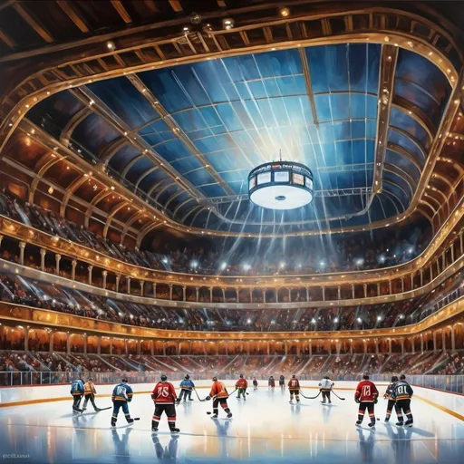 Prompt: Priceless hockey arena, oil painting, grandeur architecture, majestic ice rink, vibrant and energetic atmosphere, high definition, realistic, classic painting style, dynamic lighting, rich warm tones, detailed spectators, iconic monuments, legendary players, historical significance, premium quality