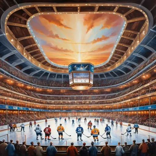 Prompt: Priceless hockey arena, oil painting, grandeur architecture, majestic ice rink, vibrant and energetic atmosphere, high definition, realistic, classic painting style, dynamic lighting, rich warm tones, detailed spectators, iconic monuments, legendary players, historical significance, premium quality