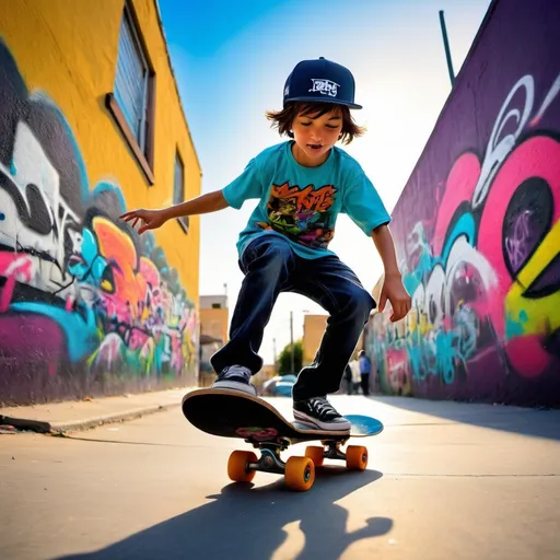Prompt: Kid skateboarding, vibrant street art background, urban graffiti, dynamic movement, high energy, colorful, playful, urban setting, detailed skateboard, youthful, street culture, best quality, vibrant, urban, dynamic, energetic, colorful, detailed, playful, street art, skateboard, lively