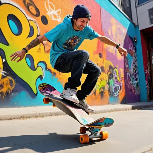 Prompt: man skateboarding, vibrant street art background, urban graffiti, dynamic movement, high energy, colorful, playful, urban setting, detailed skateboard, youthful, street culture, best quality, vibrant, urban, dynamic, energetic, colorful, detailed, playful, street art, skateboard, lively