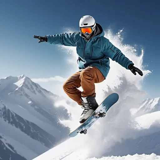 Prompt: Snowboarder performing a daring trick on a snowy mountain, high-resolution, hyper-realistic, action sports, dynamic pose, snow-covered landscape, mid-air jump with snow spraying, adrenaline-rush, extreme sports, snowy terrain, winter sports, detailed snowboard design, professional athlete, high-quality lighting, vibrant colors, action-packed, icy cool tones