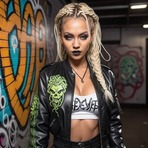 Prompt: Blonde microbraided hair leprachaun revealing extra large cleavage wearing exotic graffii leather with leatger bomber jacket medusa graffiti outfit cyberpunk 