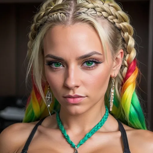 Young female model with braided blonde hair, big green eyes and