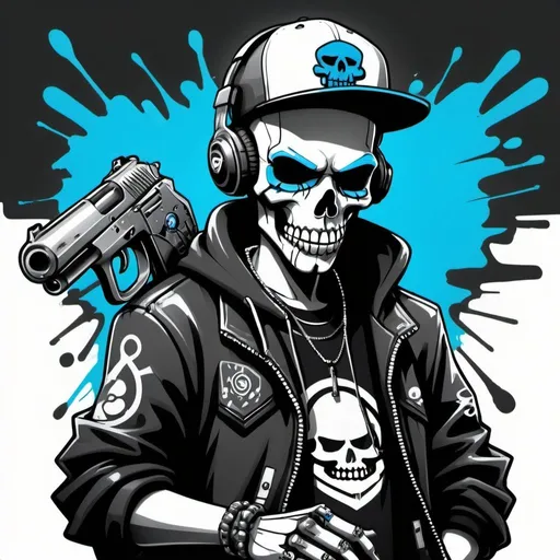 Prompt: Cartoon cyberpunk Graffitti character gangster happy candy skull hip hop dj charachter with black and white and blue 
Wall gun graffiti