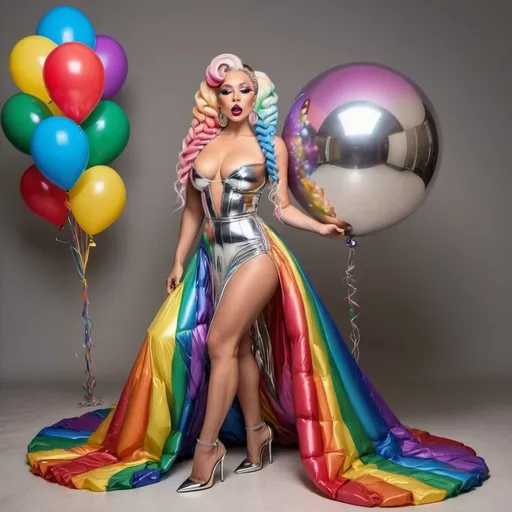 Prompt: kiss lips chrome Rainbow medusa microbraided blonde and rainbow hair revealing extra large cleavage full lips
with high heel shoes sparkles rainbow balloon custom outfit gown 