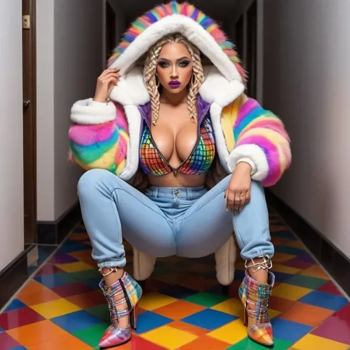 Prompt: Rainbow medusa microbraided blonde and rainbow hair revealing extra large cleavage full lips
with high heel shoes beaded elegant outfit and checkered rainbow floor designer fur bomber jacket with a hood