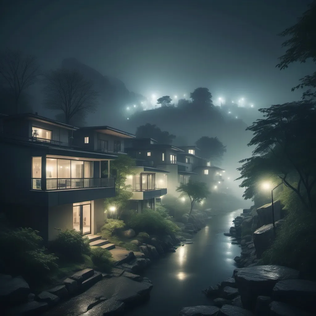 Prompt: (misty neighborhood), modern architectural buildings, (night scene), surrounded by (lush trees), rugged (rocks), gentle fog enveloping the landscape, (cool tone) with hints of warm lights from the buildings, tranquil and mysterious ambiance, (4K), haunting yet inviting atmosphere, detailed textures in fog and foliage.