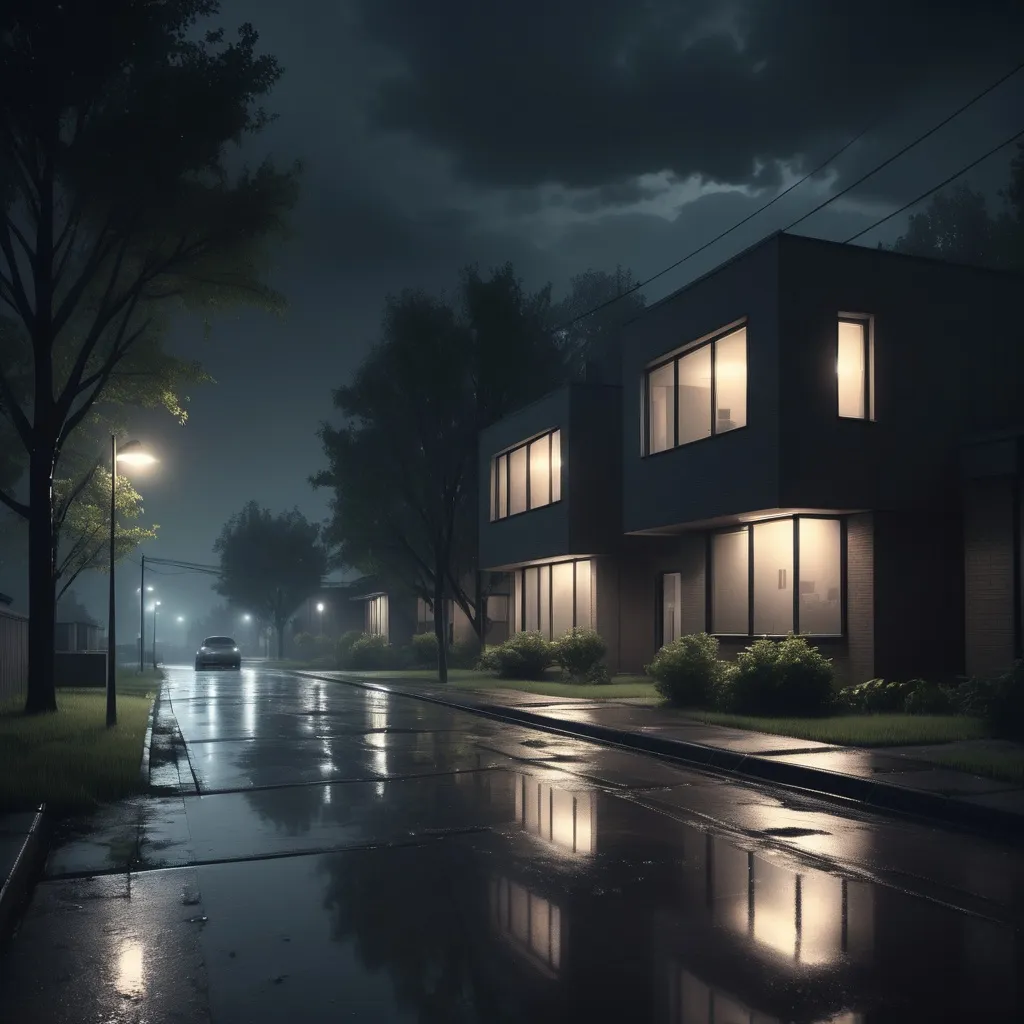 Prompt: (realistic night scene), gloomy modern neighborhood, modern architecture buildings, rural environment and trees, cool tones, moody atmosphere, shadowy corners, soft glowing lights from windows, urban setting, dark sky, reflections on wet pavement, high detail, ultra-detailed, 4K quality, serene yet eerie vibe.