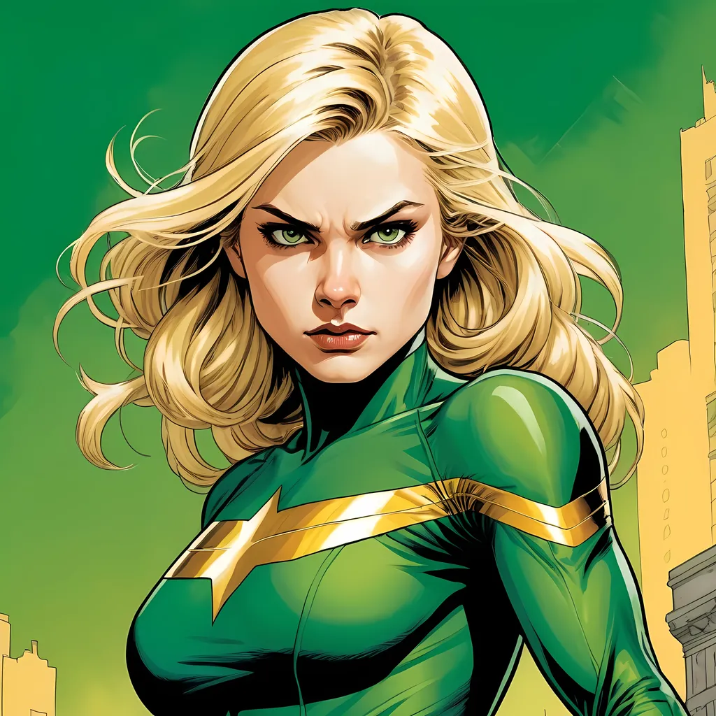 Prompt: Young, Woman  action hero, medium length blonde hair, detailed, bright colors, dramatic, graphic novel illustration, green and gold spandex

