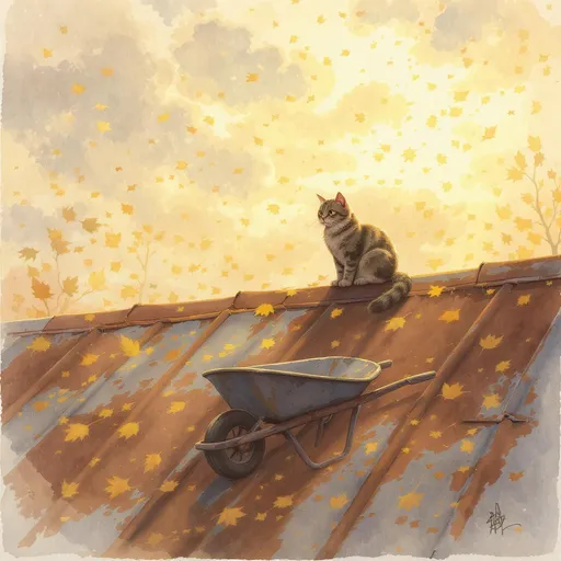 Prompt: A cat sits on a metal roof. Underneath it is a wheelbarrow. Only the bottom, the wheel and the frame. The wind is blowing the autumn leaves. The morning sun shows itself shyly.
