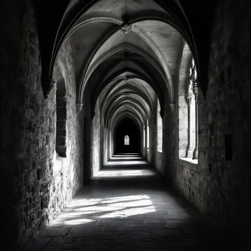 Prompt: A dimly lit corridor unfolds, characterized by its rugged stone walls and elegantly arched ceilings that draw the eye along the path. Shadows dance across the surfaces, creating a dramatic interplay of light and dark that enhances the stone's texture. Intricate architectural elements, such as narrow ledges and decorative carvings, punctuate the walls, lending a sense of history and grandeur to the scene. The oppressive stillness and monochromatic palette imbue the space with a haunting yet captivating atmosphere, suggesting tales of the past echoing through this cloistered sanctuary. As the passage extends toward an unseen darkness at its end, a feeling of both intrigue and solemnity envelops the viewer.