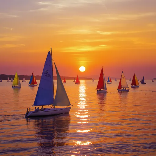 Prompt: A vibrant scene unfolds as the sun descends on the horizon, casting a warm golden glow across the calm waters. Multiple sailboats, each adorned with colorful sails—reds, blues, and yellows—populate the tranquil surface, their reflections shimmering like jewels amidst the gentle ripples. The backdrop of the setting sun creates a stunning gradient in the sky, transitioning from light orange to deep purple, while hints of the shoreline and distant masts add depth to the composition. This captivating moment evokes a sense of serenity and adventure, inviting the viewer into a world where nature and human activity harmoniously intersect.
