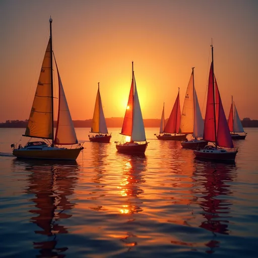 Prompt: A vibrant scene unfolds as the sun descends on the horizon, casting a warm golden glow across the calm waters. Multiple sailboats, each adorned with colorful sails—reds, blues, and yellows—populate the tranquil surface, their reflections shimmering like jewels amidst the gentle ripples. The backdrop of the setting sun creates a stunning gradient in the sky, transitioning from light orange to deep purple, while hints of the shoreline and distant masts add depth to the composition. This captivating moment evokes a sense of serenity and adventure, inviting the viewer into a world where nature and human activity harmoniously intersect.