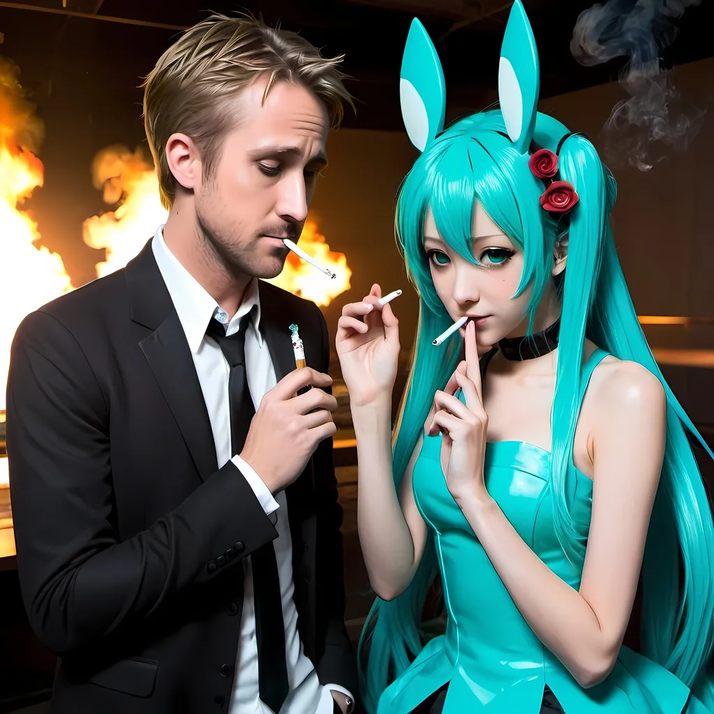 Prompt: hatsune miku and ryan gosling smoking