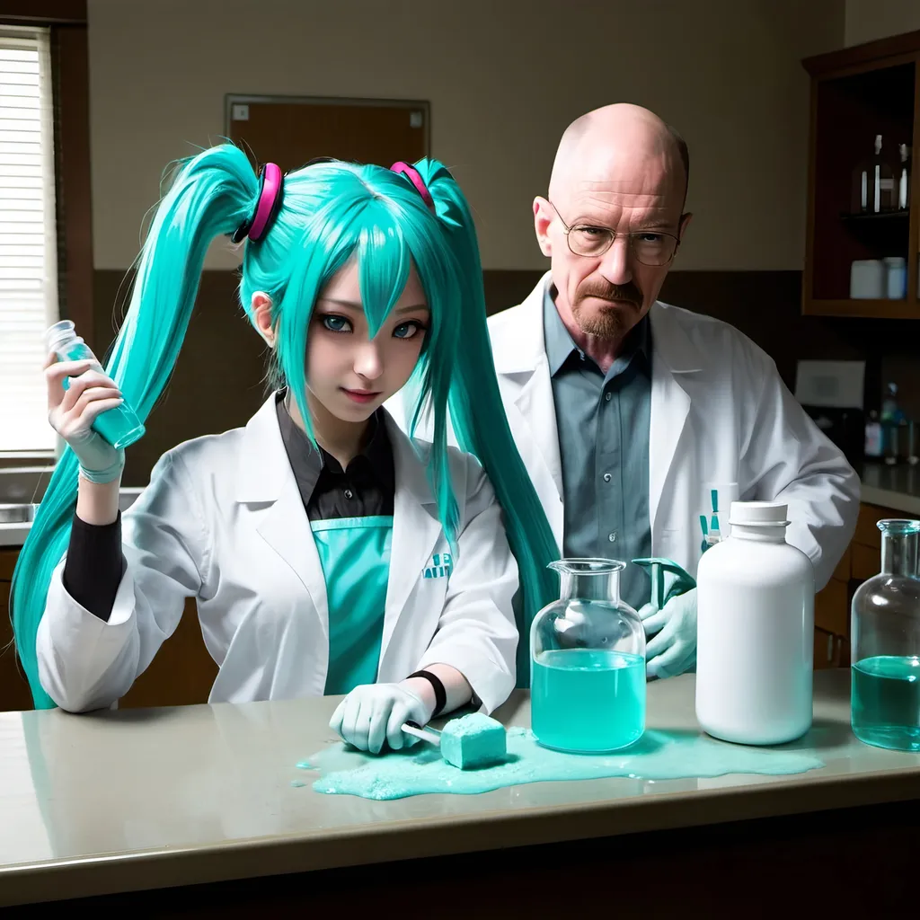 Prompt: hatsune miku and walter white making meth 