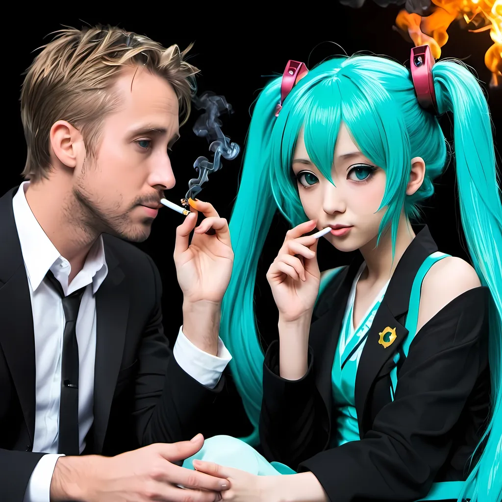 Prompt: hatsune miku and ryan gosling smoking