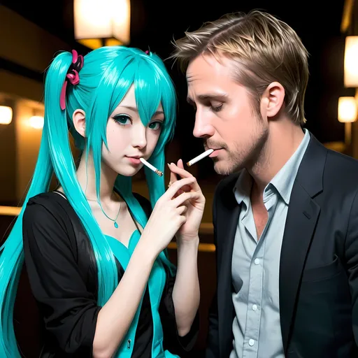 Prompt: hatsune miku and ryan gosling smoking