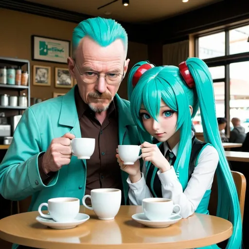 Prompt: hatsune miku and walter white drinking tea in a coffee shop 