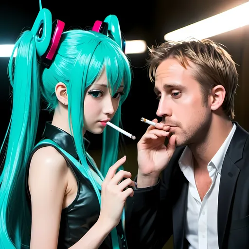 Prompt: hatsune miku and ryan gosling smoking