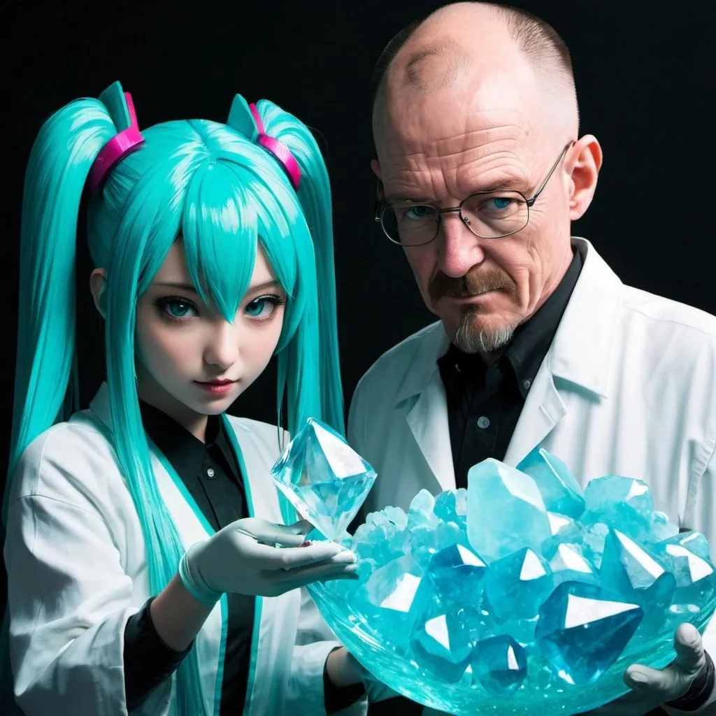 Prompt: hatsune miku and walter white making blue crystals