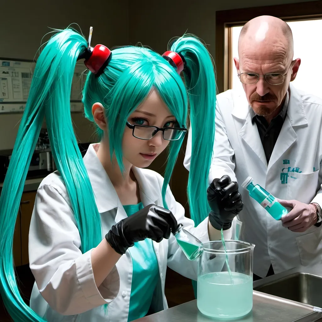 Prompt: hatsune miku and walter white making meth 