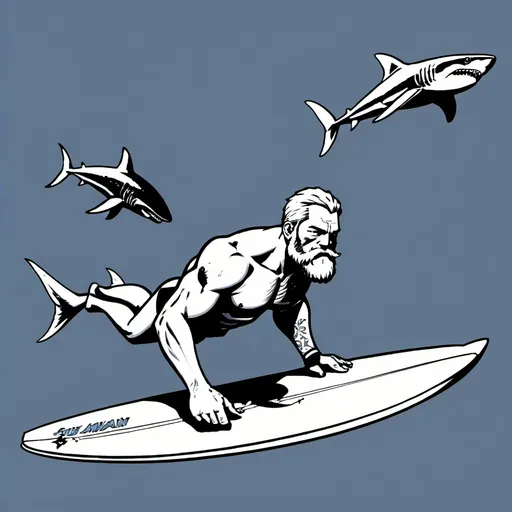 Prompt: A white muscular man with Zeus like beard diving with sharks hawaii with a surfboard, monochrome japanese manga style. Ensure he is in diving clothes.