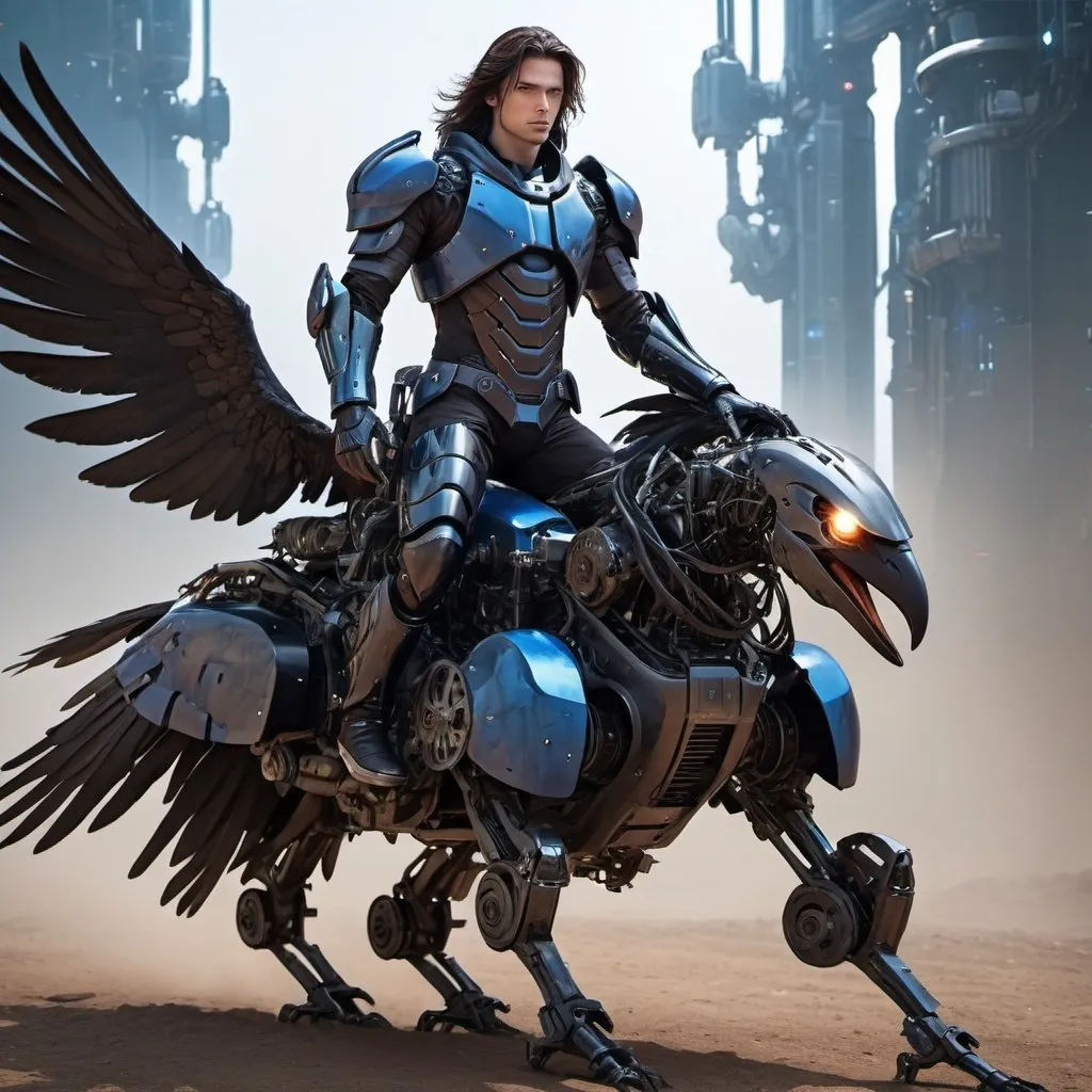 Prompt: Sci-fi  male hero wearing scifi armor with long dark brown hair and blue eyes, riding on back of a mechanical cybernetic crow