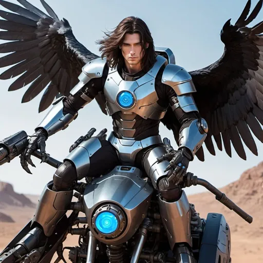 Prompt: Sci-fi  male hero wearing scifi armor with long dark brown hair and blue eyes, riding on back of a mechanical cybernetic crow